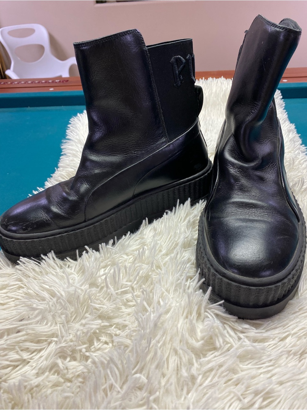 Puma Fenty Chelsea Black Platform Leather Ankle Boots Size 9
